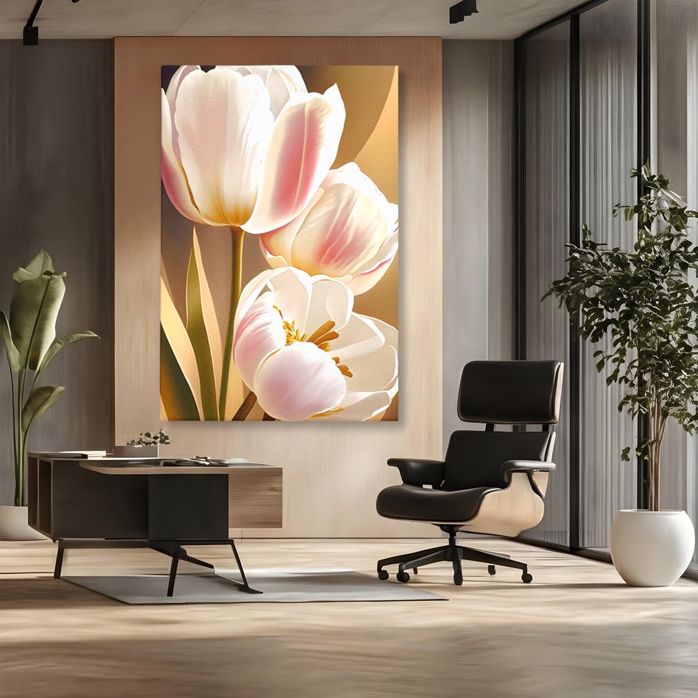 Tablou canvas cu tablou canvas cu trei lalele, fara rama, pe sasiu de lemn, pe perete intr-un birou
